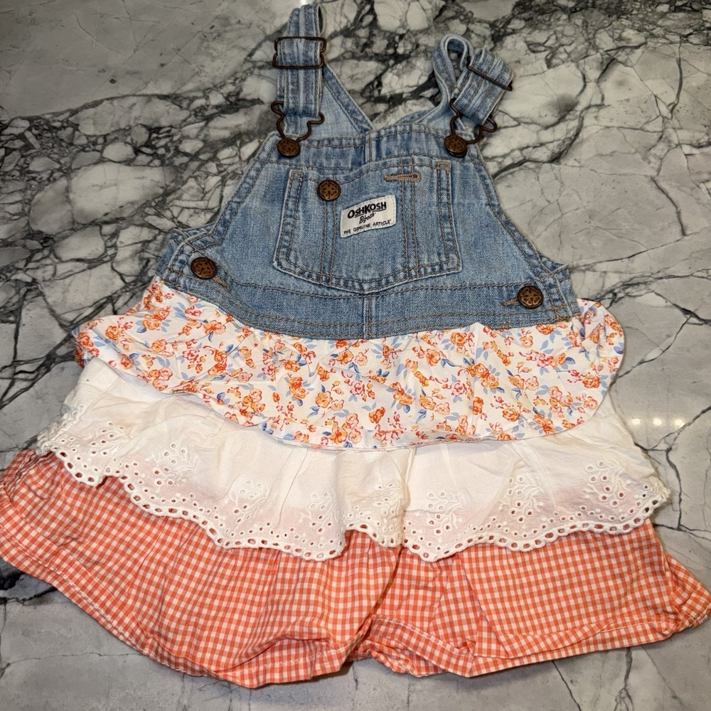 Oshkosh 24 Months Baby Girls Jumper Denim Tiered Floral Orange